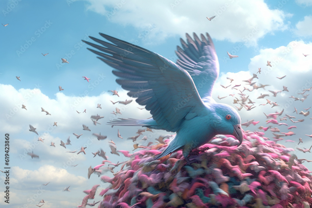 Poster A pastel-colored brain with soft clouds and flying birds, evoking a sense of freedom and limitless possibilities. Generative AI technology.