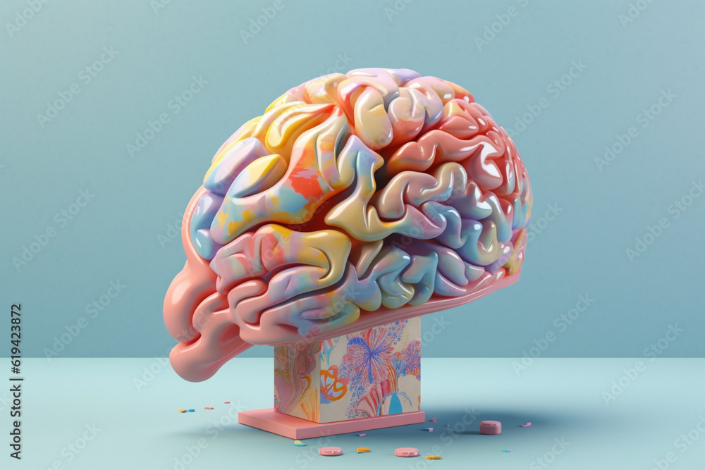 Poster A pastel brain with abstract geometric shapes and patterns, representing the multifaceted nature of human cognition. Generative AI technology.
