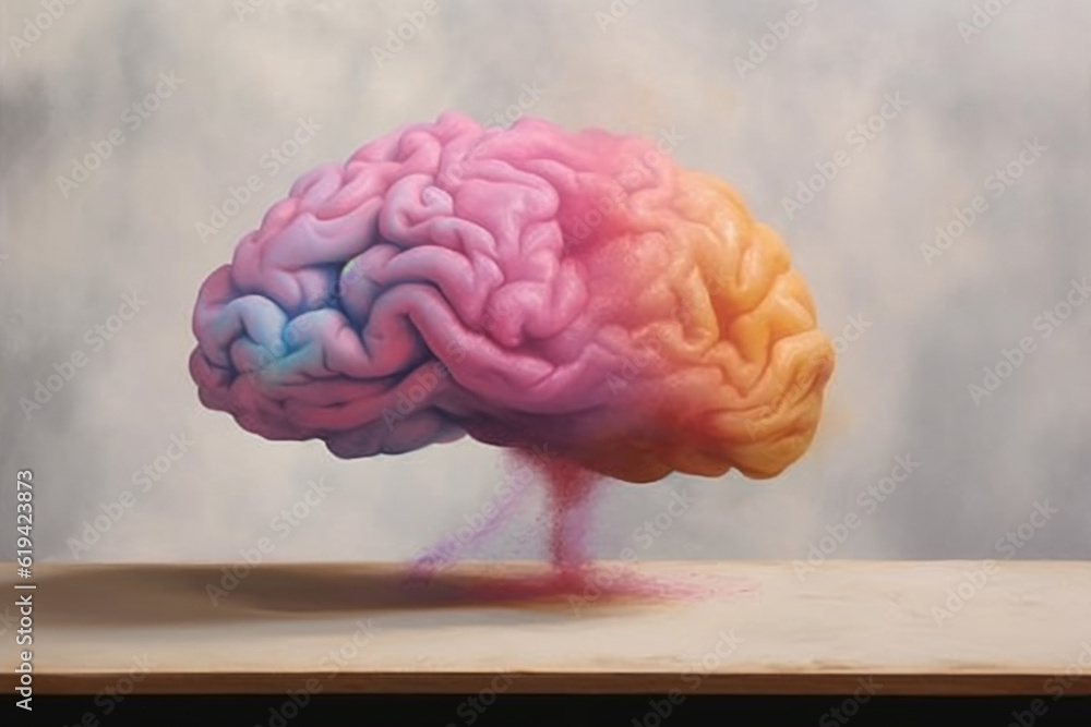 Poster A pastel brain with delicate watercolor washes and transparent layers, creating a sense of depth and texture. Generative AI technology.