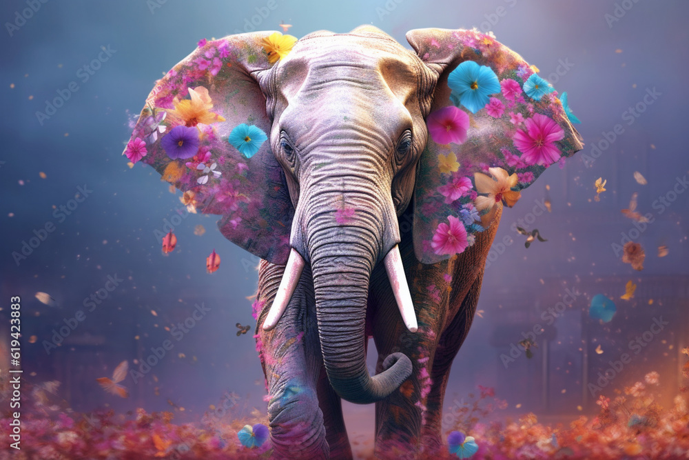 Poster a pastel elephant with gentle brushstrokes and delicate gradients, adorned with floral patterns and 