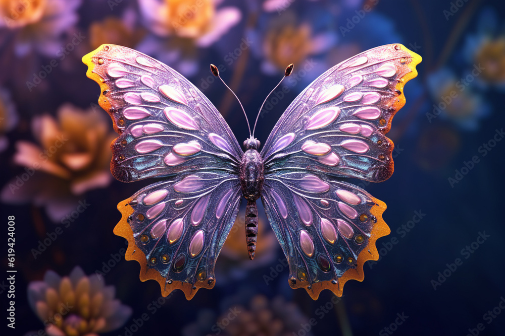Poster a pastel-colored butterfly with intricate patterns and delicate wings, resting gently on a pastel fl
