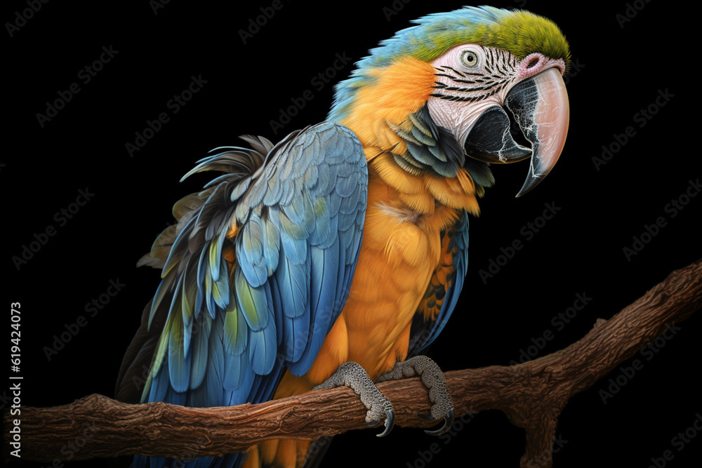 Poster a pastel macaw perched on a branch, its feathers adorned with subtle pastel shades and intricate det