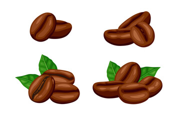 Freshly roasted coffee beans with leaves isolated on white background.Vector eps 10.
