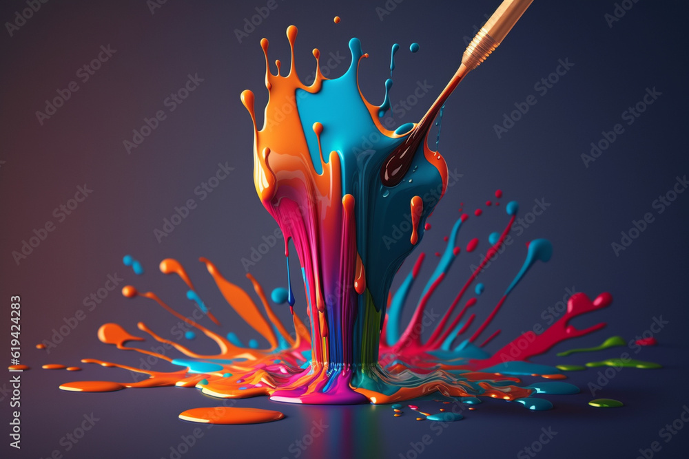 Poster A paintbrush with vibrant colors dripping from its bristles, creating a mesmerizing pattern of colorful streaks.  Generative AI technology.