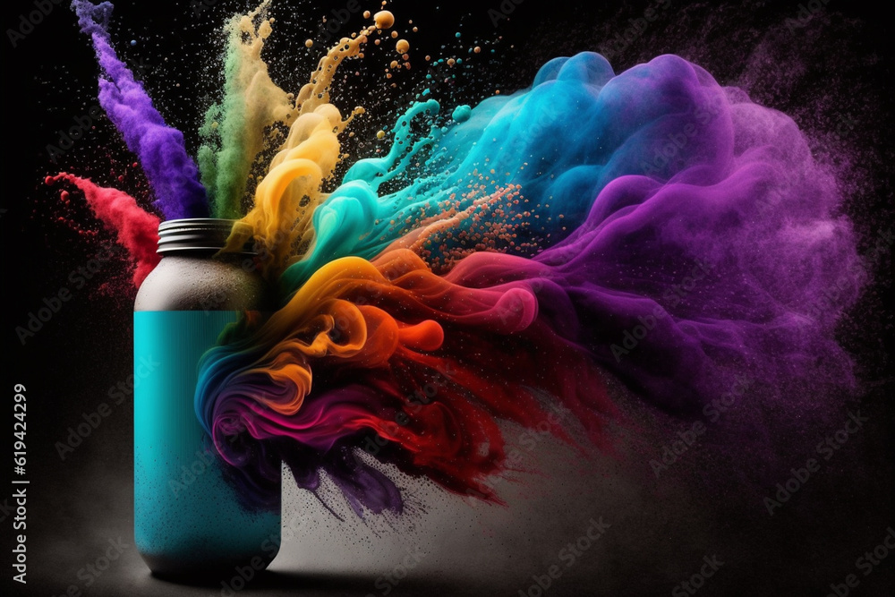 Poster A spray paint can releasing a burst of colorful mist, creating a captivating and vibrant spray pattern.  Generative AI technology.