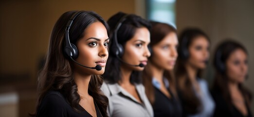 Team of young customer support phone operators women working in office.