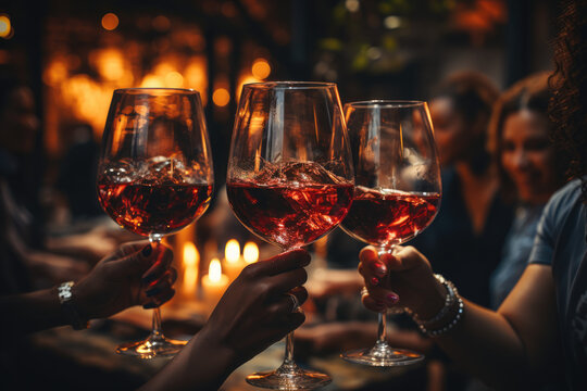 Celebrating Friendship With a Good Wine: Friends Raise Their Red Wine Glasses in a Heartwarming Toast, Capturing the Essence of Joyful Bonding



