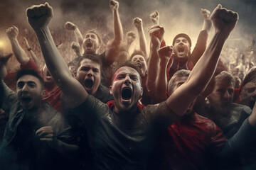 Excited football fans cheering a goal, supporting favorite players. Concept of sport, human emotions, entertainment.