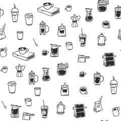 Hand drawn doodle coffee tools seamless pattern.Trending vector doodle illustrations for coffee shop and restaurant menu.Hand drawn coffee shop design concept and coffee break icons.Menu line art.