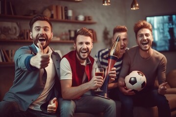 Fototapeta premium Happy casual young men or football fans watching soccer on tv and celebrating victory. Friendship, sports and entertainment concept.