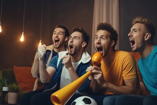 Group of young friends watching a football match on TV together and cheering for their team
