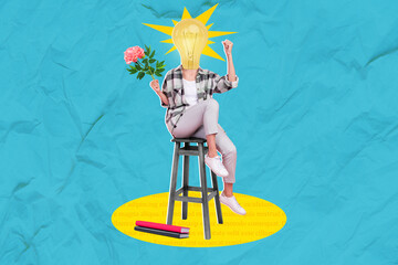 Artwork collage of delighted girl sit chair light bulb instead head raise fists fresh flower pile stack book isolated on paper background