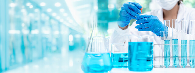 scientific equipment and chemistry laboratory banner background, medicals health care science...