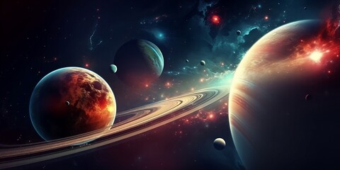 Obraz na płótnie Canvas Universe scene with planets, stars and galaxies in outer space showing the beauty of space exploration. Elements furnished by NASA. Finest generative AI.