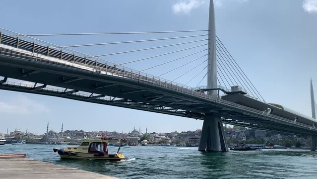 boats Cruising At Bosphorus Cruising At  Bosphorus Bridge,  Istanbul Turkey