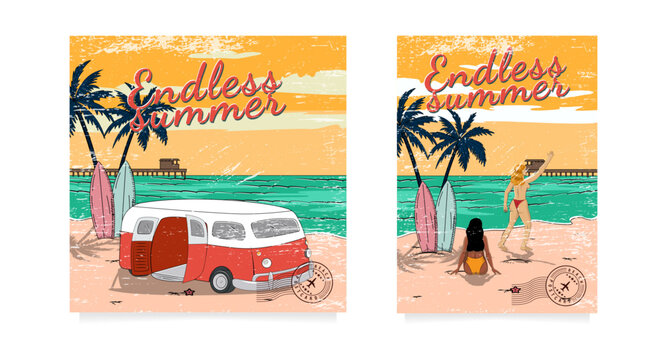 Vector summer illustration cards with girls relaxing on the beach in ocean waves and a surfing car. Retro posters set.