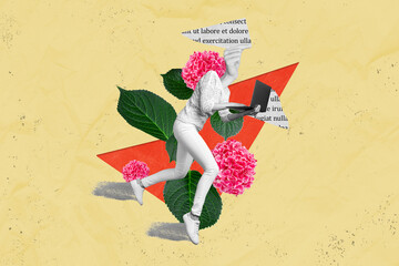 Freak headless woman collage of work hold netbook typing romantic novel writer author running...