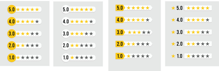 Star rating icons on gray background. One to five-star halfling feedback, review, and rate our symbols. One to five full and half-full stars. stock illustration