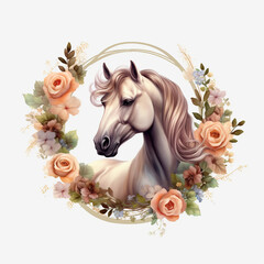 horse in a floral plant spring frame white background. portrait, head. Watercolor. Illustration