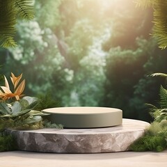Fototapeta na wymiar Stone product display podium for cosmetic or beauty products with green nature forest background, 3d rendering