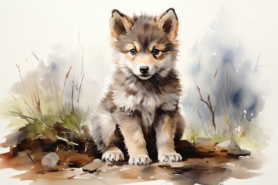 little cute wolf family in watercolor painted - single little wolf puppy