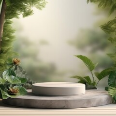 Stone product display podium for cosmetic or beauty products with green nature forest background, 3d rendering