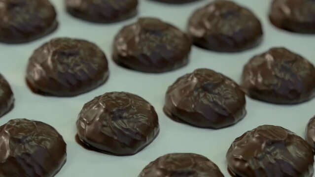 static slow motion close up shot of fresh marshmallows in chocolate on a conveyor belt in a candy factory