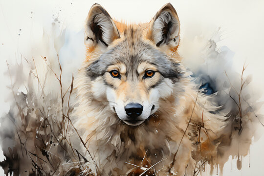 little cute wolf family in watercolor painted single wolf portrait