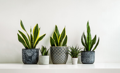 Sansevieria or snake plants in different ceramic flowerpots on the light background, connecting with nature and indoor garden concept