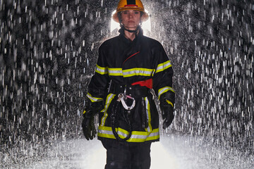A determined female firefighter in a professional uniform striding through the dangerous, rainy night on a daring rescue mission, showcasing her unwavering bravery and commitment to saving lives.
