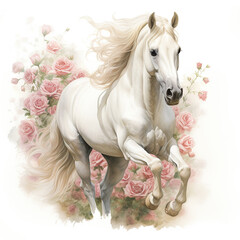 Fototapeta na wymiar a magnificent white horse gallops through a meadow of flowers. cute watercolor clipart. Template. Close-up. Clip art.