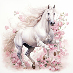 a magnificent white horse gallops through a meadow of flowers. cute watercolor clipart. Template. Close-up. Clip art.