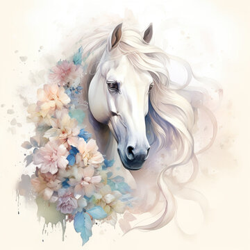 Beautiful white horse in a with flowerson a white background. portrait, head. Watercolor. Illustration
