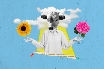Creative collage of black white colors girl cow head arms fingers meditate hold fresh flowers isolated on blue background