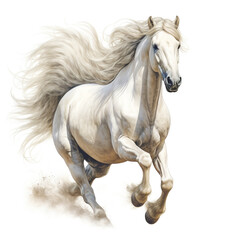 Beautiful horse watercolor painting, a white stallion galloping across a meadow or desert on a white background