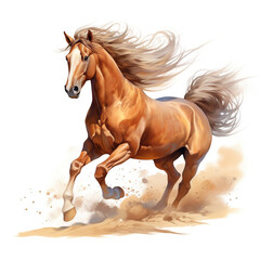 Fototapeta na wymiar Beautiful horse watercolor painting, a brown stallion galloping across a meadow or desert on a white background