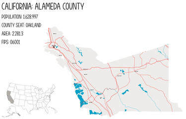 Large and detailed map of Alameda County in California, USA.