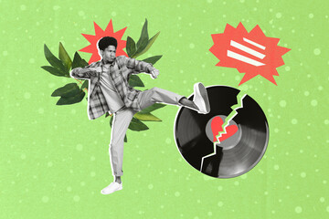 Photo picture of young aggressive funny guy kick leg broken vinyl disc heartbroken dramatic music...