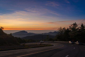 Beautiful landscape of the sunrise viewpoint which is the highest mountain of Thailand in the morning of the winter season at Doi Inthanon National Park, Chiang Mai, Thailand.