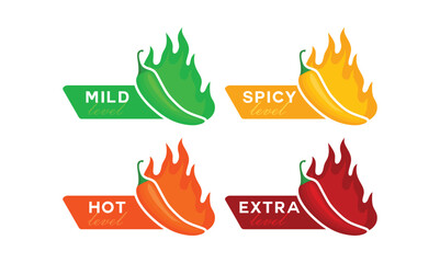 Spicy chili pepper hot fire flame icons. Extra, hot, spciy, mild spiciness level. vector spicy food level icons - obrazy, fototapety, plakaty