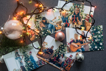 Naklejka premium Photos of family against Christmas lights decor background