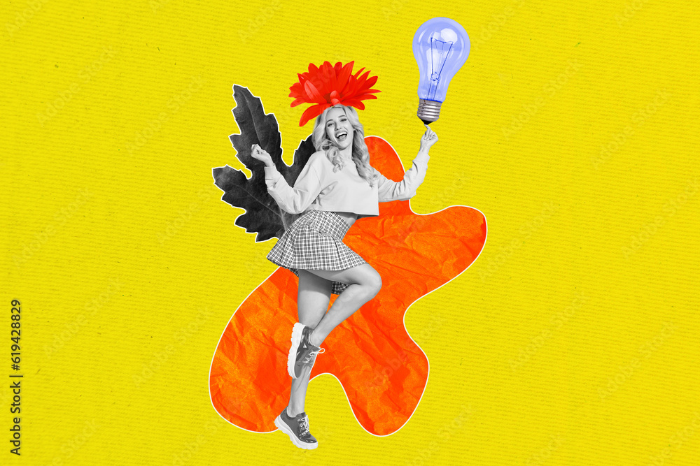 Poster creative template graphics collage image of carefree lady having idea rising fists isolated colorful