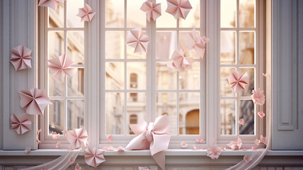 french window in pink tones pastel romantic apartment holiday decoration. Generative AI
