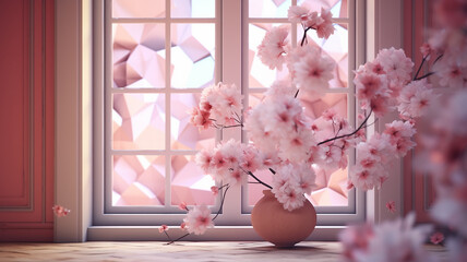 french window in pink tones pastel romantic apartment holiday decoration. Generative AI