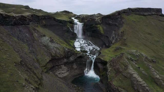Drone shot, Ofaerufossar, two waterfalls, Eldgja fire gorge, Icelandic highlands, Iceland, Europe
