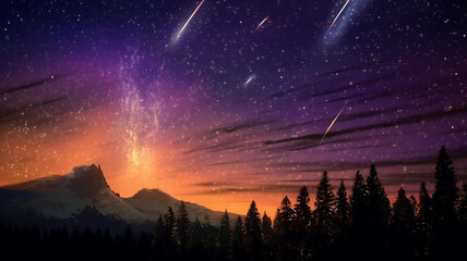 Fototapeta na wymiar landscape meteor shower in the starry sky. Generative AI