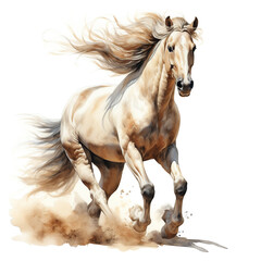 Beautiful horse watercolor painting, a stallion galloping across a meadow or desert on a white background