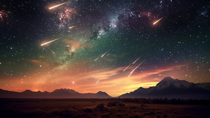 landscape meteor shower in the starry sky. Generative AI - obrazy, fototapety, plakaty