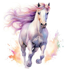 Beautiful horse watercolor painting, a colorful stallion galloping across a meadow or desert on a white background