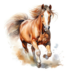 Fototapeta na wymiar Beautiful horse watercolor painting, a brown stallion galloping across a meadow or desert.